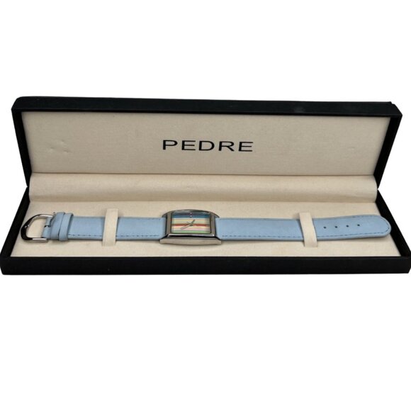 Pedre Watch Silver Tone Colorful Stripe Dial Blue Leather Band Japan MOVT